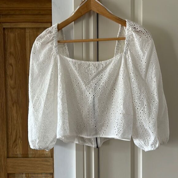 New no tags socialite crochet puff sleeve crop top large - Picture 2 of 8